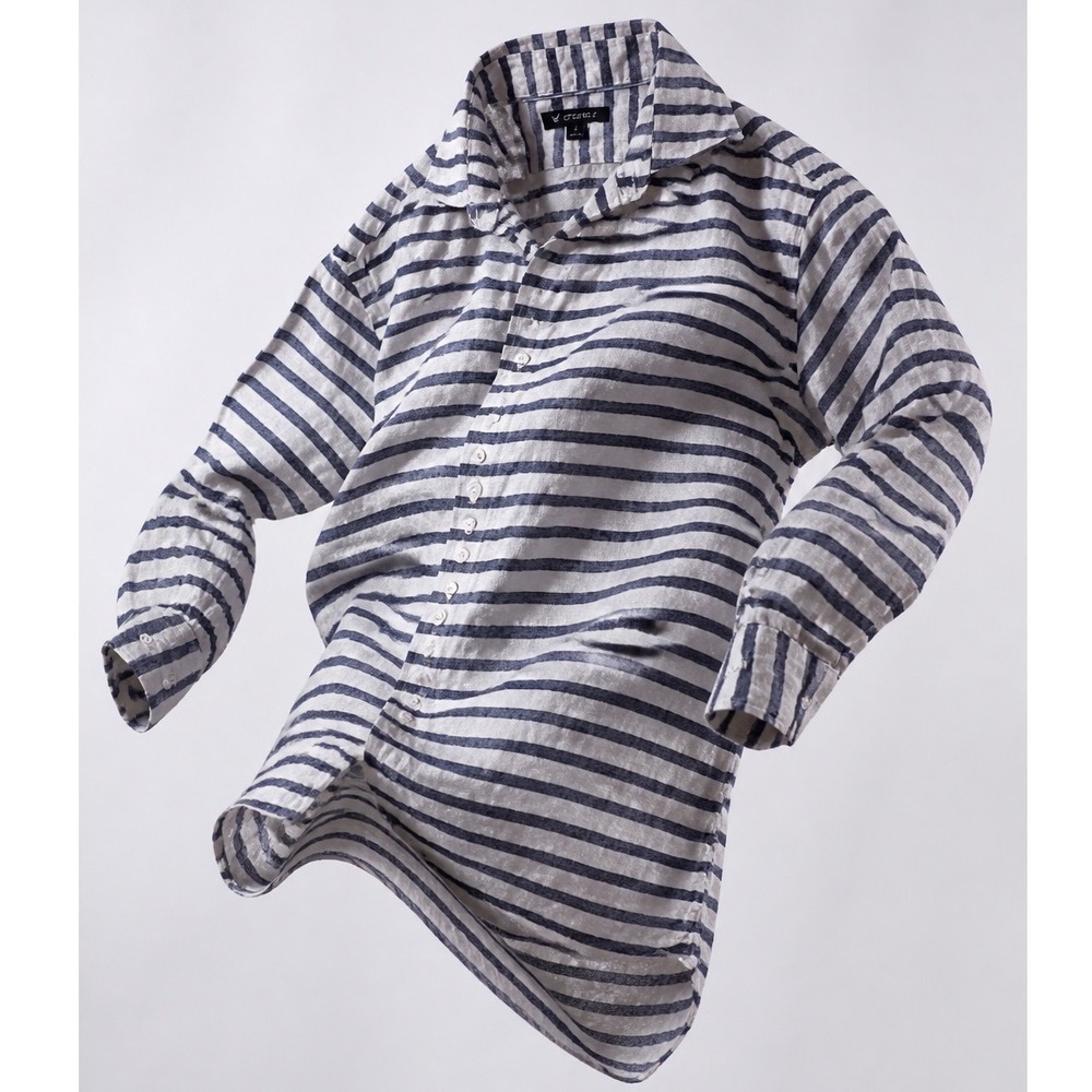 Cremeux 100% Linen Blue White Striped Button Front Shirt Long Sleeve